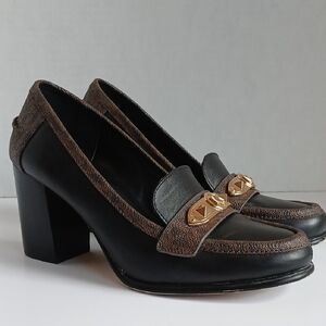 Michael Kors Jakie Brown Monogram Black Leather Loafer Chunky High Heel Size 7.5